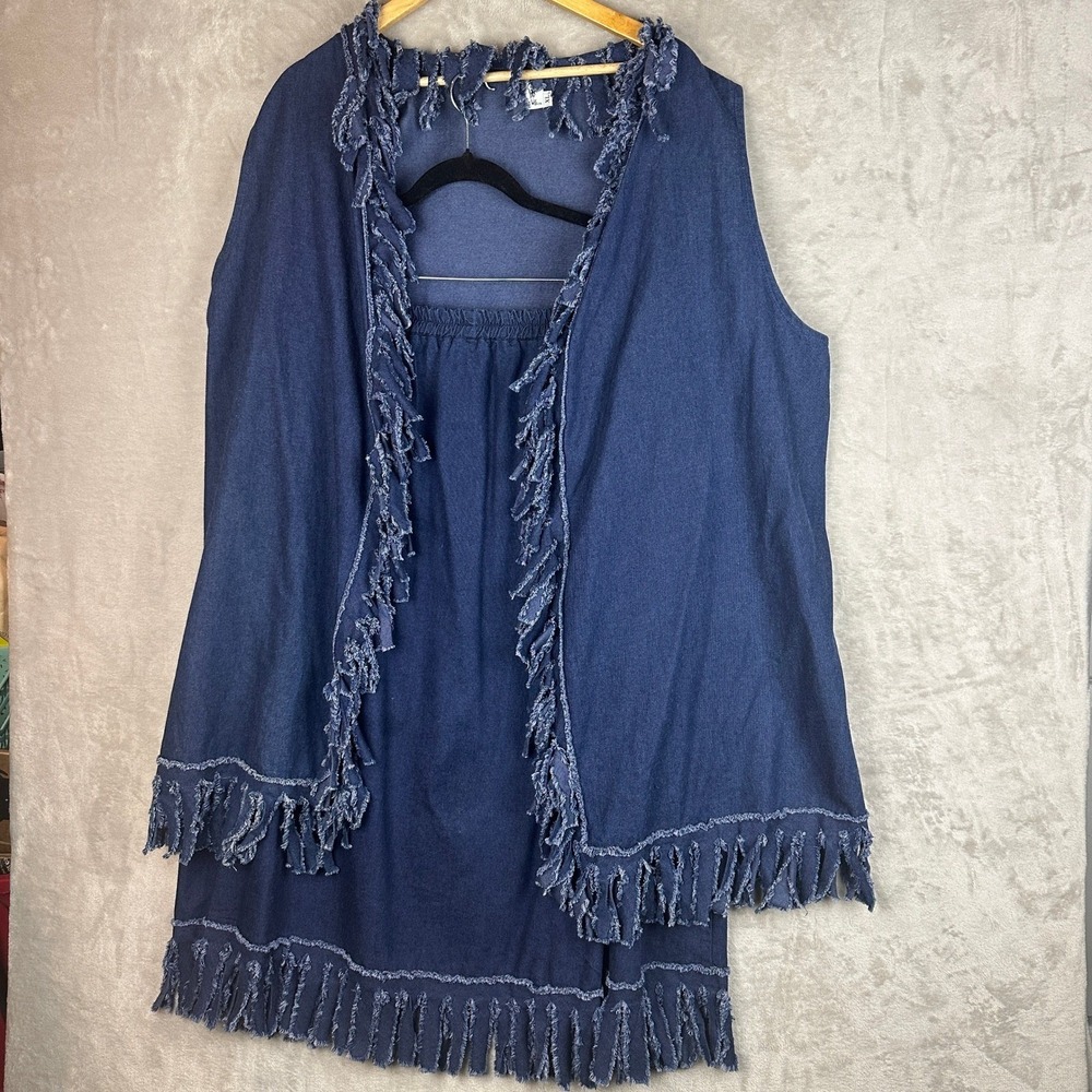 Sleeveless Fringe Denim Skirt Set in Navy